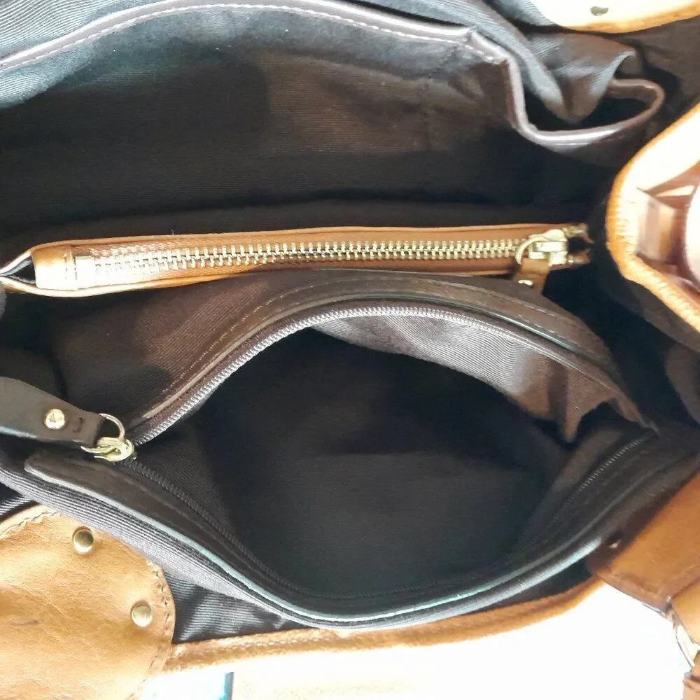 Antonio Melani Tan Leather Satchel Handbag with Gold Hardware Width 12in.